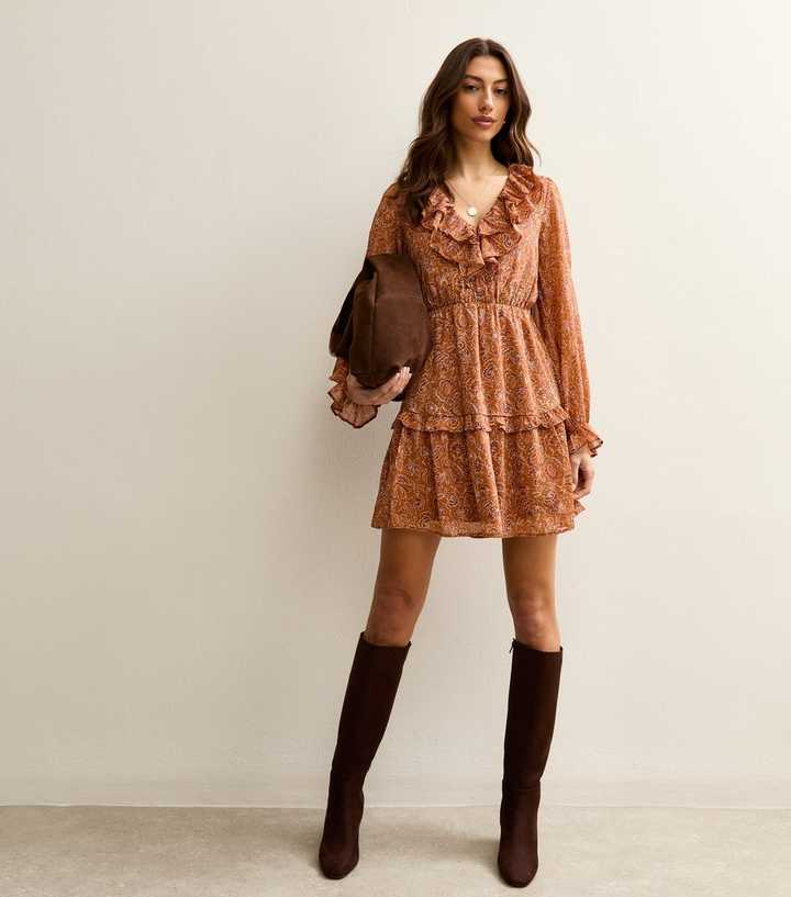 Tall Orange Paisley Chiffon Mini Dress