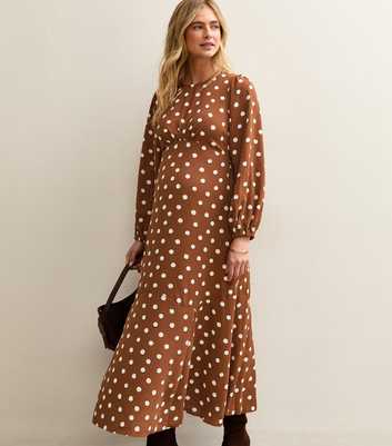 Maternity Brown Polka Dot Godet Midi Dress