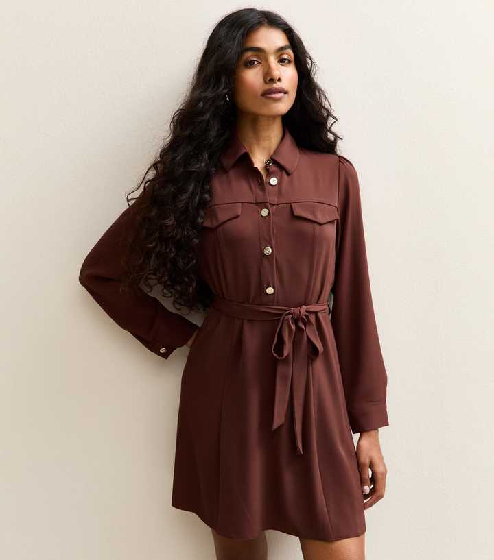 Petite Brown Shirt Mini Dress New Look — free download