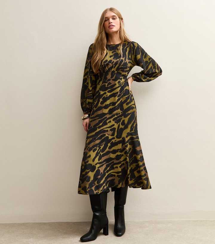 Green Satin Animal Print Midi Dress | New Look