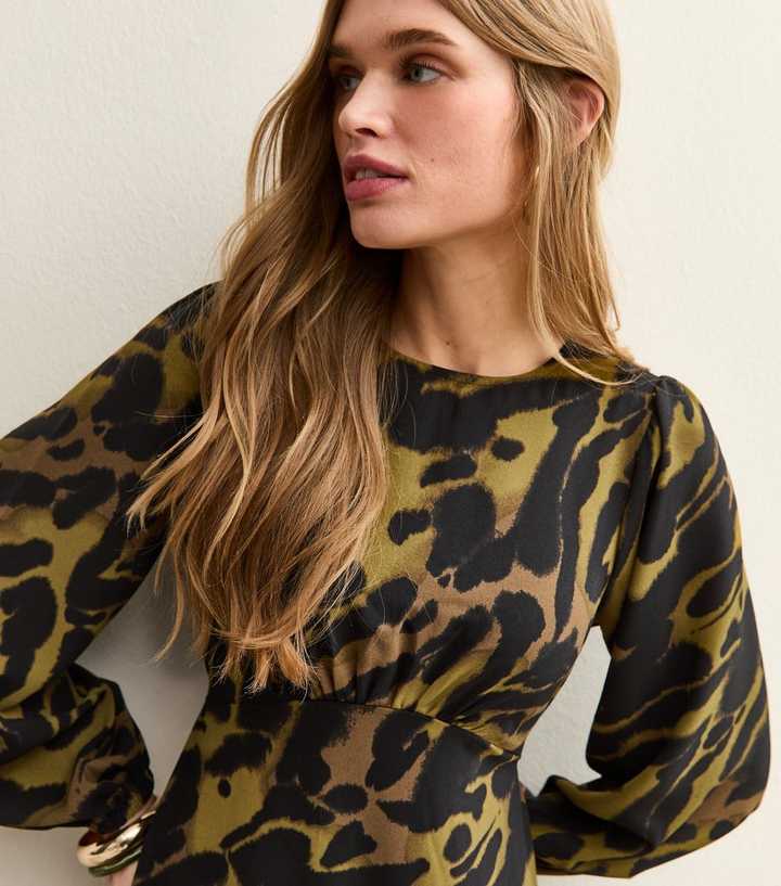 Green Satin Animal Print Midi Dress | New Look