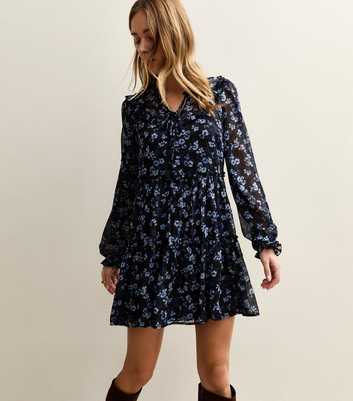 Navy Floral Chiffon Ruffle Mini Dress