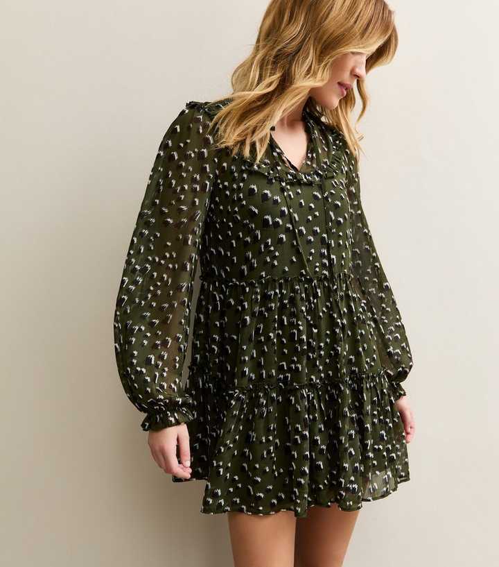 Dark Green Chiffon Ruffle Abstract Pattern Mini Dress