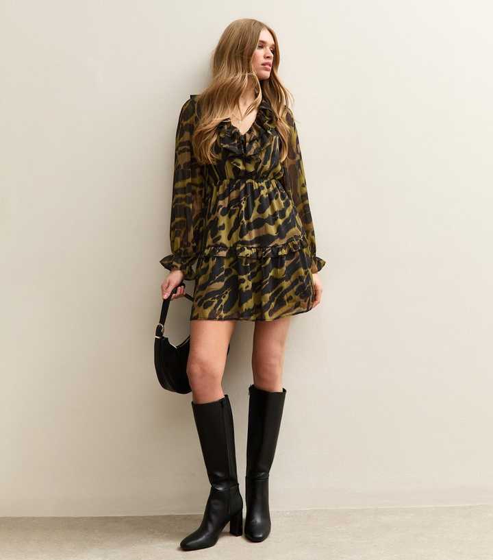 Khaki Animal Print Chiffon Ruffle Mini Dress