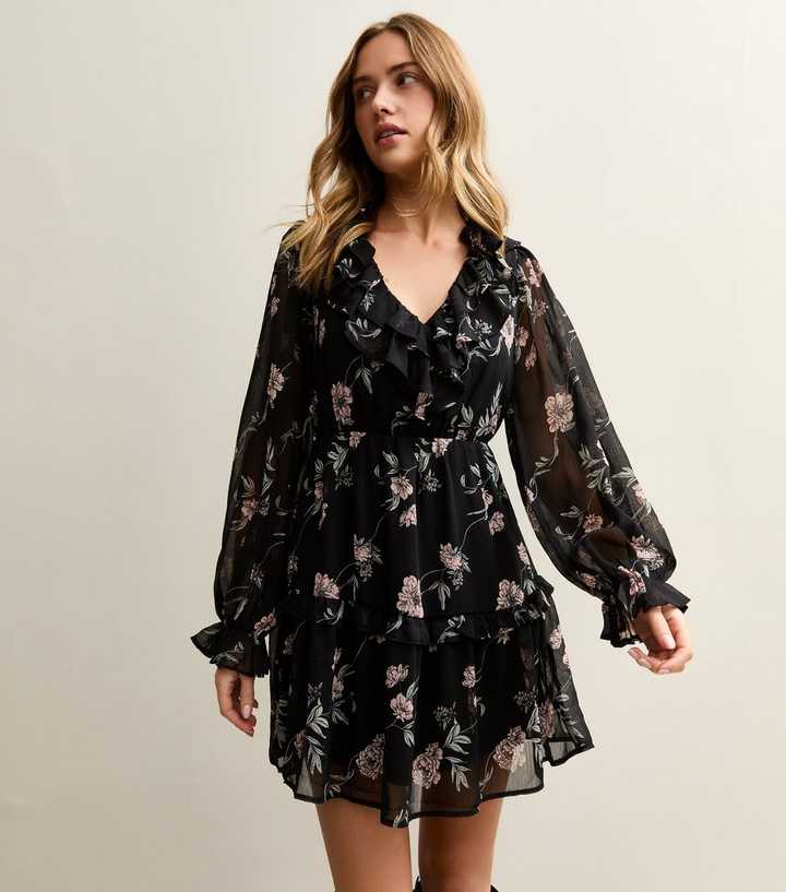 Black Floral Chiffon Mini Dress