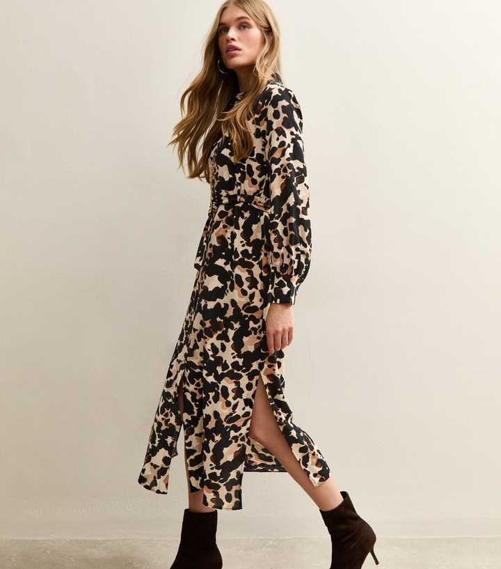 Cream Animal Print Buckle Shirt Midi Dress