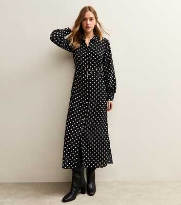 Black Polka Dot Buckle Shirt Midi Dress