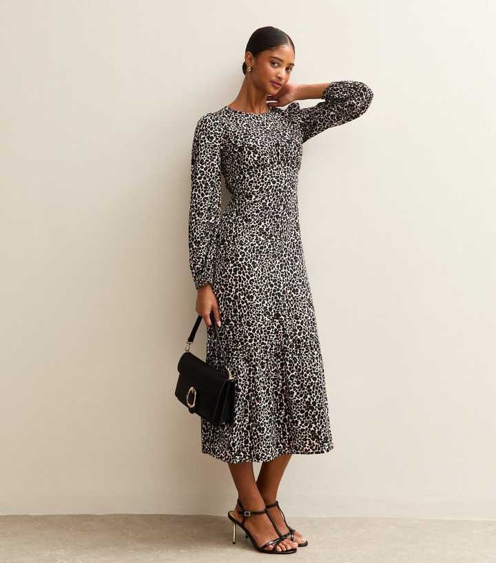 Brown Crepe Long Sleeve Animal Print Midi Dress | New Look