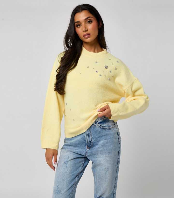 Urban Bliss Light Yellow Star Embroidered Diamante Embellished Jumper