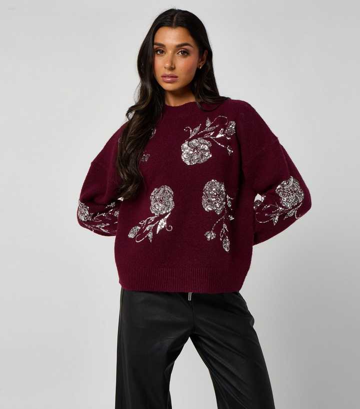 Urban Bliss Dark Burgundy Floral Sequin Embroidered Jumper