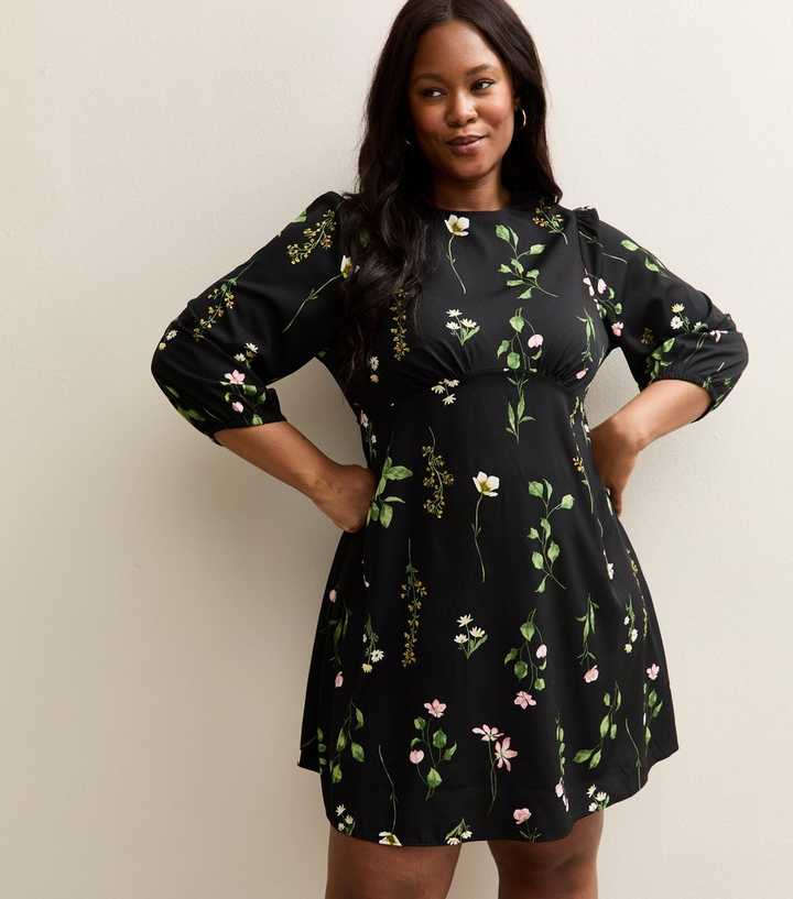Curves Black Floral Cropped Sleeve MIni Dress | New Look
