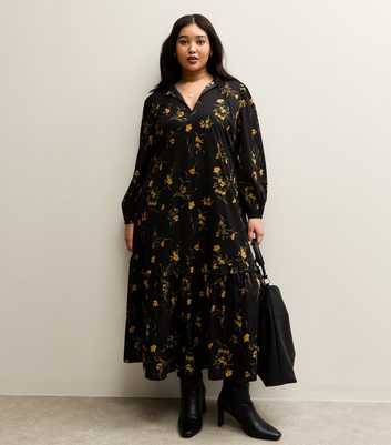 Curves Black Botanical Crepe Smock Midi Dress