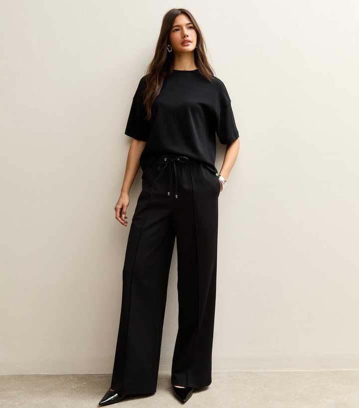 Black Wide Leg Drawstring Trousers
