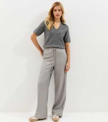 Light Grey Tie Waist Wide Leg Trousers