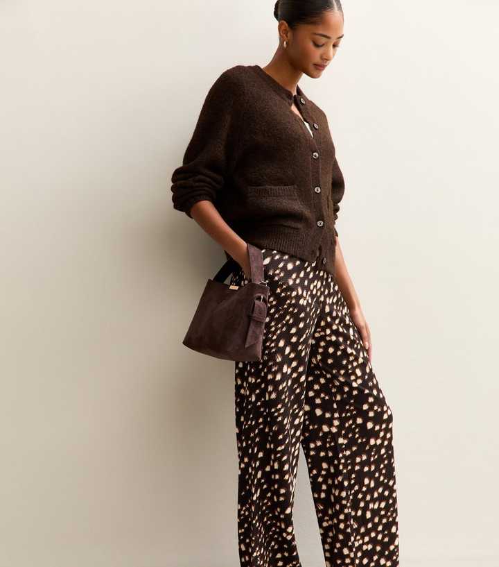 Brown Abstract Print Textured Wide Leg Trousers
