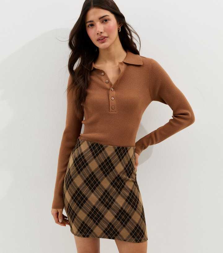 Brown Tartan Tube Mini Skirt