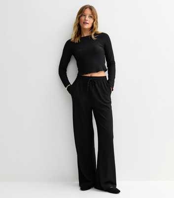 Black Textured Wide Leg Trousers