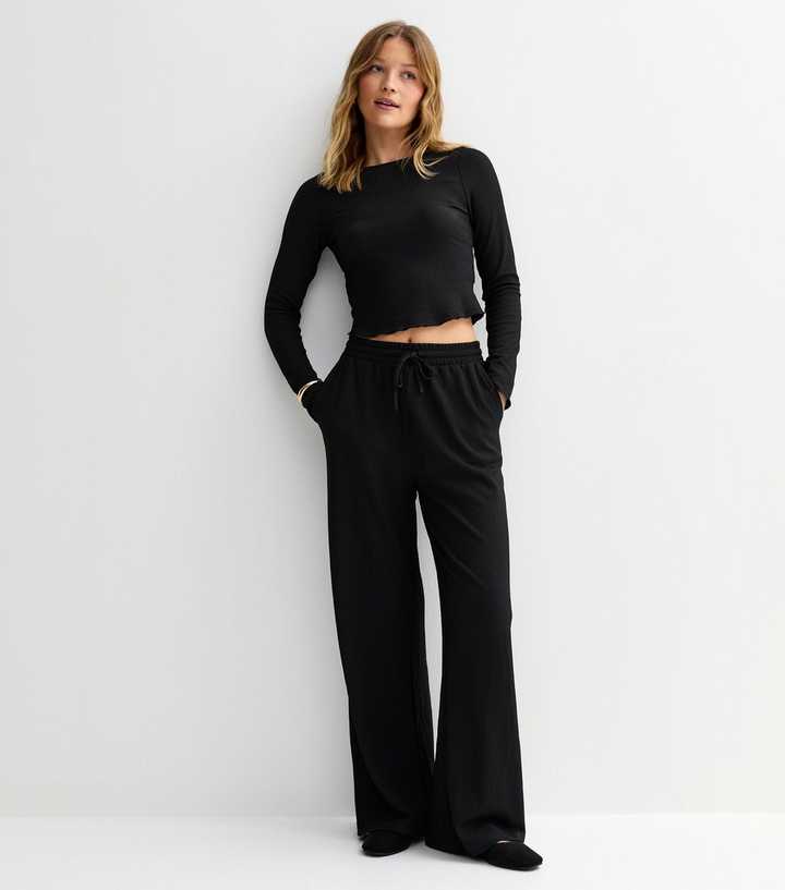 Black Textured Wide Leg Trousers