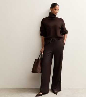 Dark Brown Textured Wide Leg Trousers