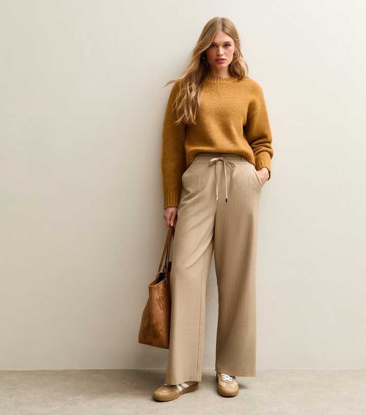 Brown Striped Tie Waist Wide Leg Trousers