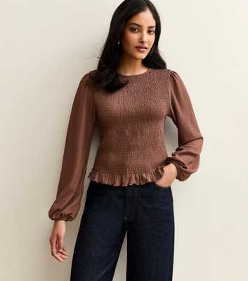 Brown Shirred Long Sleeve Top