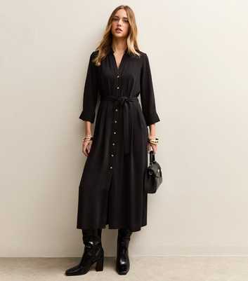 Black Long Sleeve Crepe Midi Shirt Dress