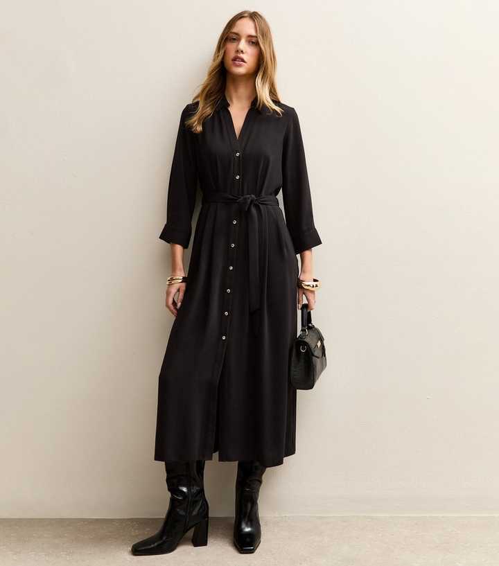 Black Long Sleeve Crepe Midi Shirt Dress