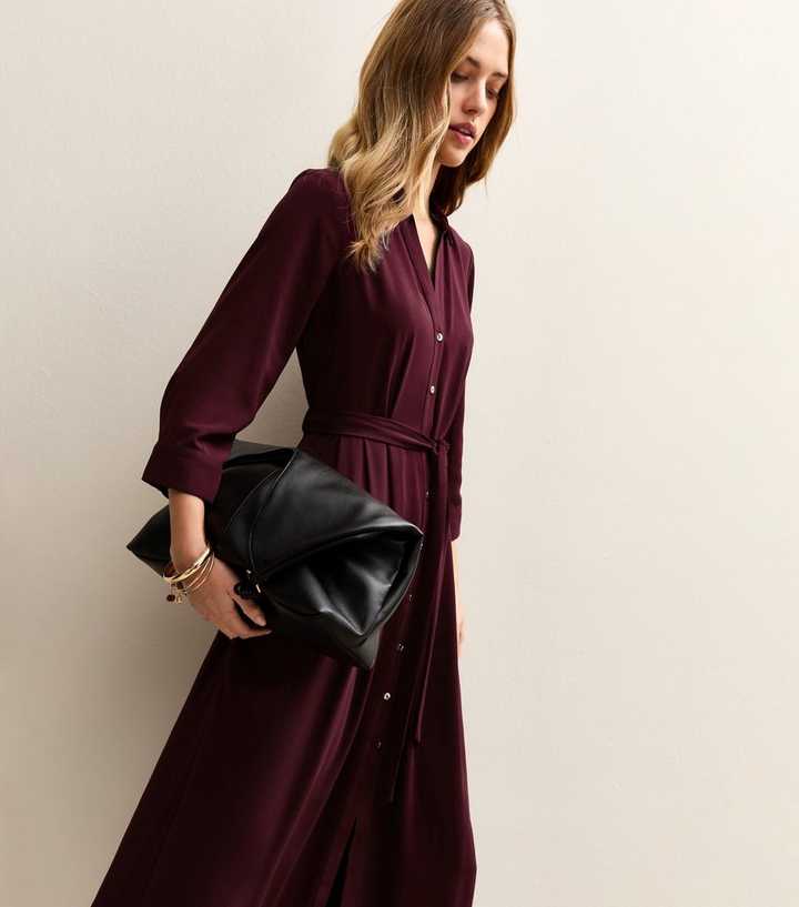 Dark Burgundy Long Sleeve Crepe Midi Shirt Dress