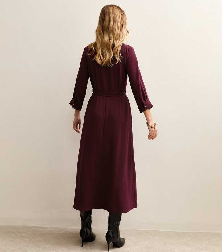 Dark Burgundy Long Sleeve Crepe Midi Shirt Dress
