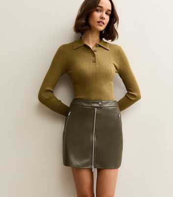 Light Khaki Faux Leather Zip Detail Mini Skirt
