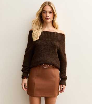 Mid Brown Belted Waist Mini Skirt