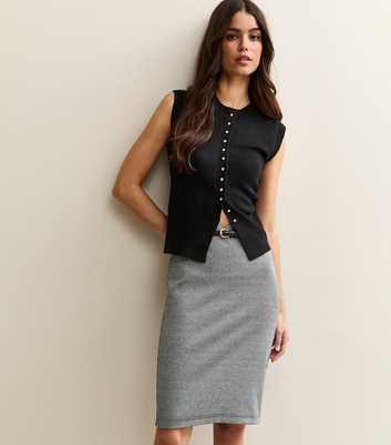 Black Houndstooth Belted Pencil Skirt