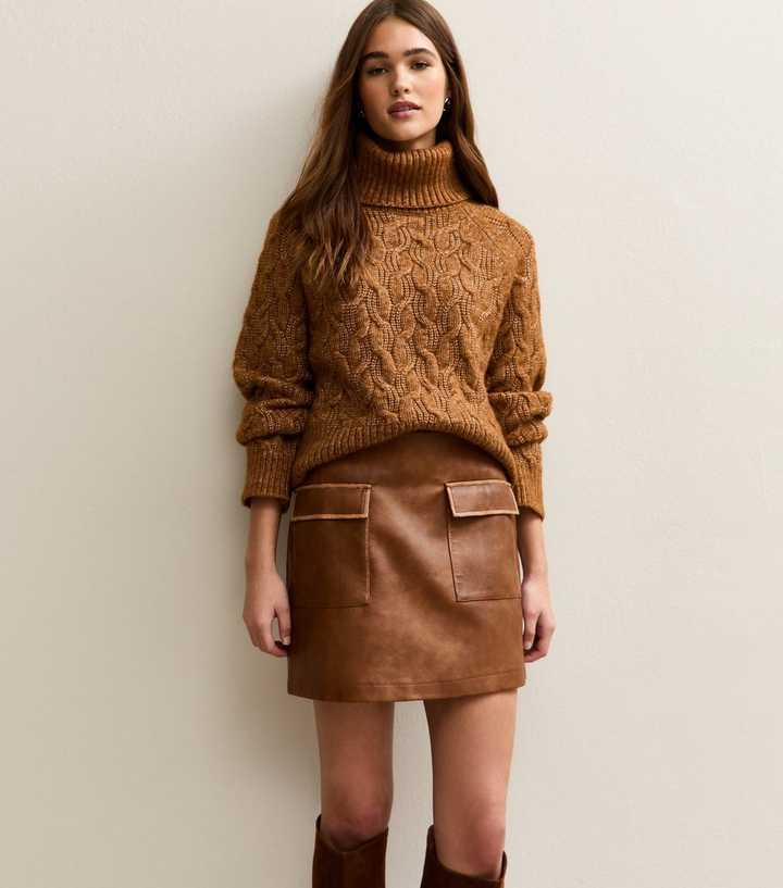 Tan Cracked Faux Leather Mini Skirt