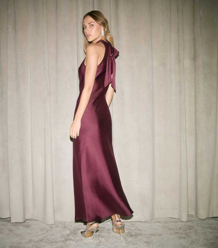 Dark Burgundy Satin Halterneck Midi Dress Dark Burgundy Satin Halterneck Midi Dress