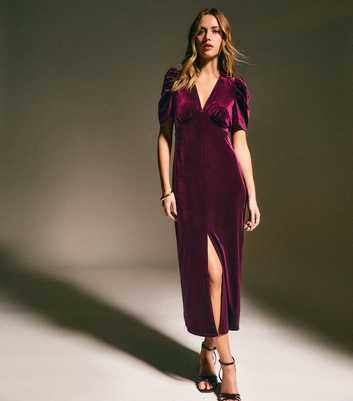 Dark Burgundy Velvet Gathered Sleeve Midi Dress