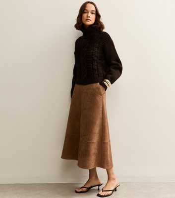 Tan Faux Suede A Line Midi Skirt