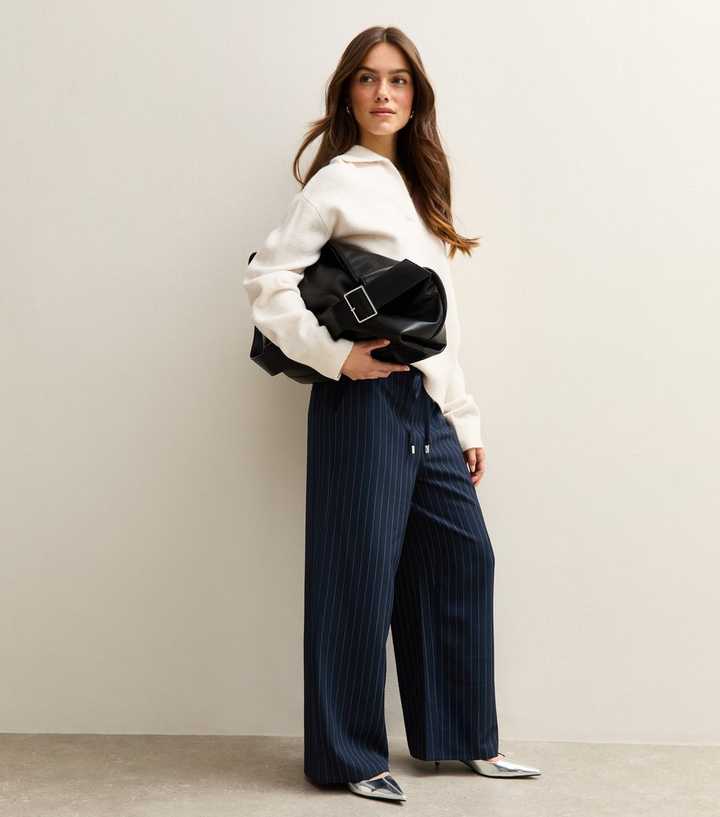 Petite Navy Striped Tie Waist Wide Leg Trouser