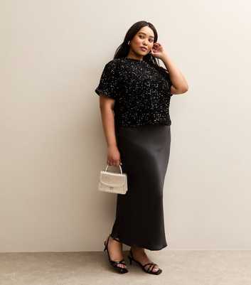 Curves Black Satin Midi Skirt