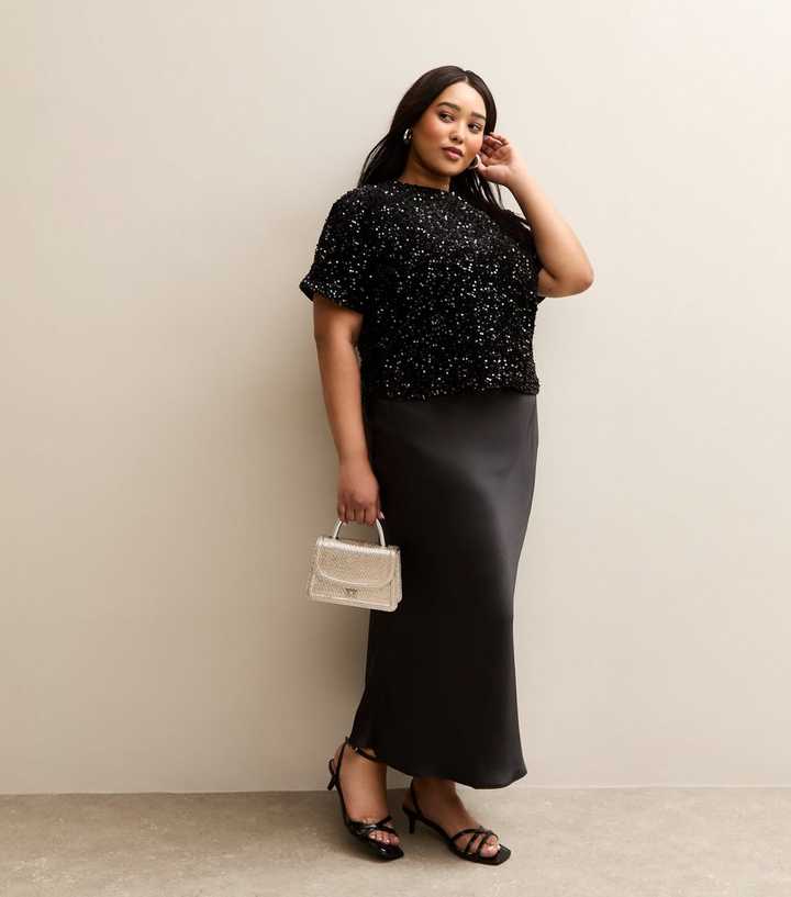 Curves Black Satin Midi Skirt