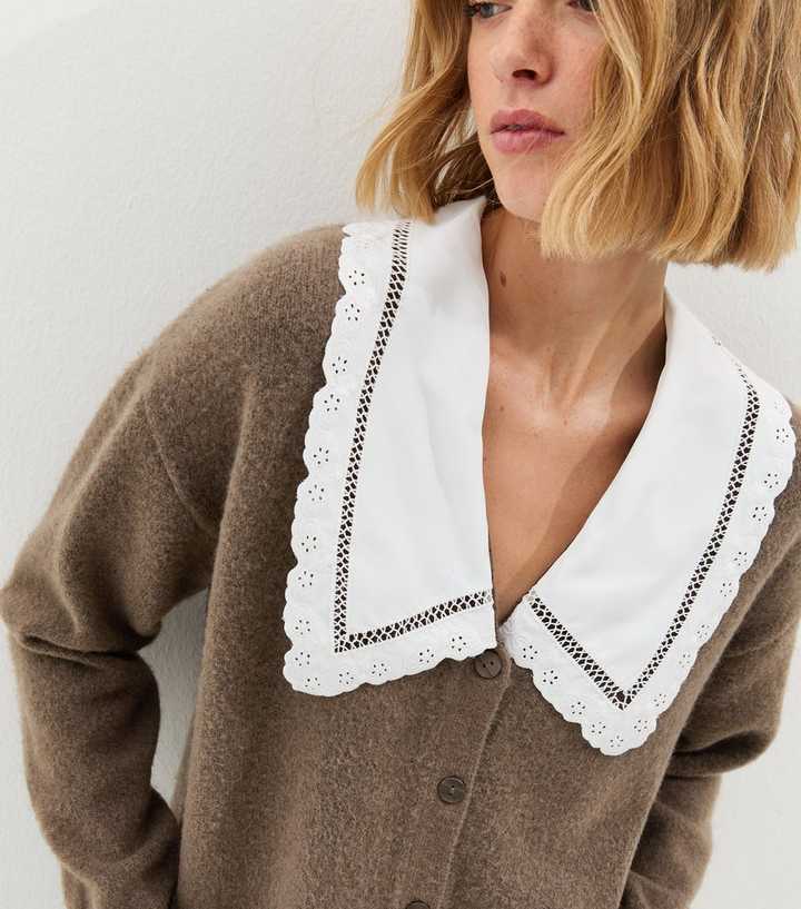 Dark Mink Embroidered Collar Knit Cardigan