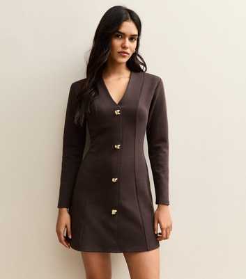 Brown Buttoned Ponte Mini Dress