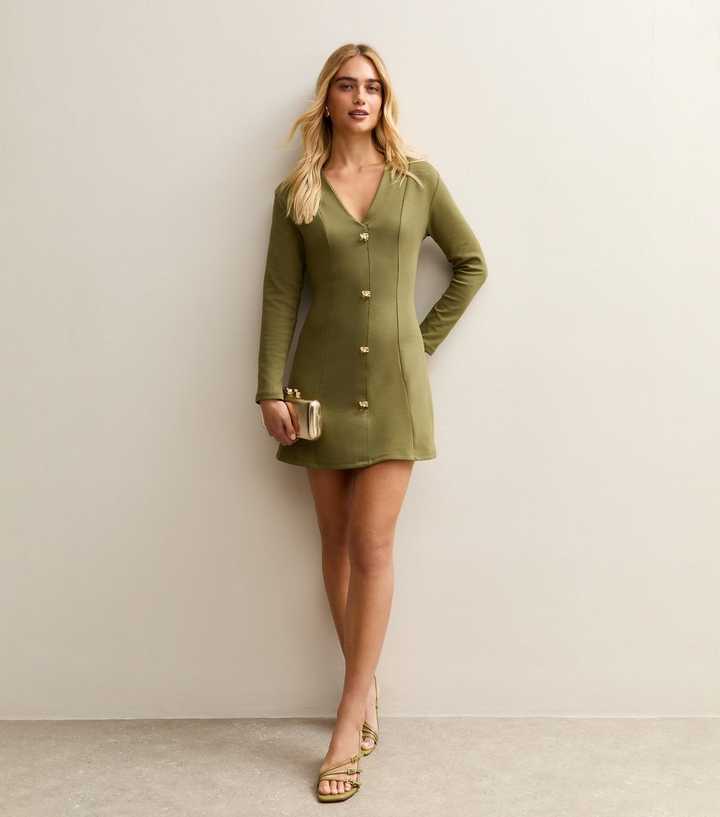 Light Khaki Buttoned Ponte Mini Dress
