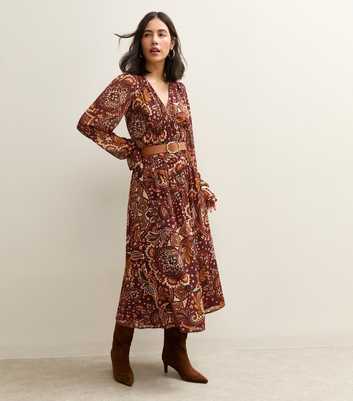 Brown Paisley Print V-Neck Long Sleeve Midi Dress