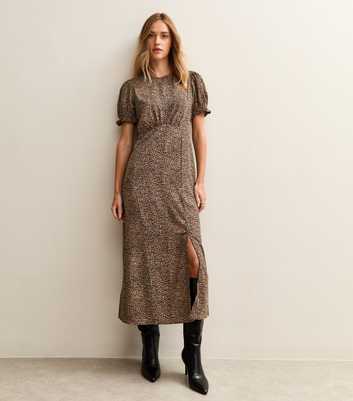 Brown Animal Print Puff Sleeve Midi Dress