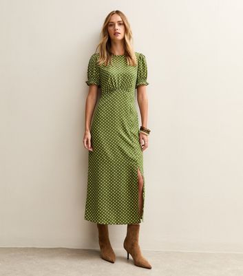 Midi Dress New Look Green Animal Print Dress Green Polka Dot Puff