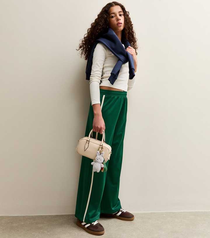 Girls Green Contrast Trim Wide Leg Joggers
