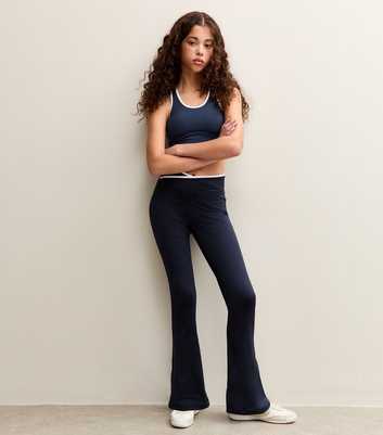 Girls Navy Cross Over Waistband Flared Leggings