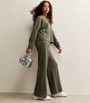 Girls Dark Khaki Waffle Wide Leg Trousers