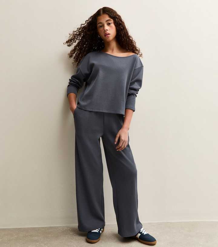 Girls Blue Waffle Wide Leg Trousers