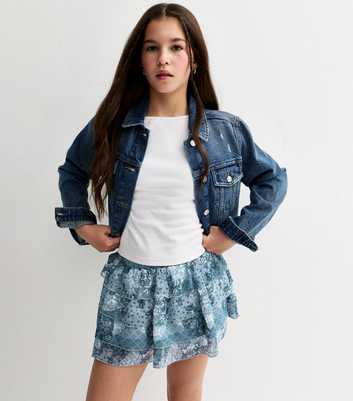 Girls Blue Chiffon Paisley Tiered Rara Skort